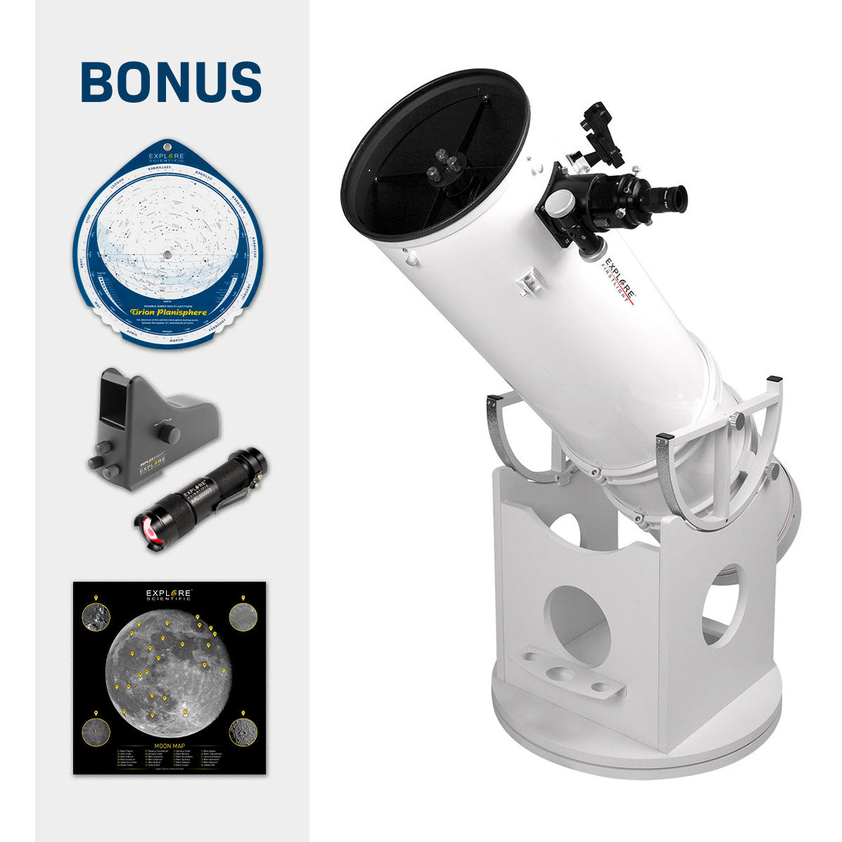 Explore FirstLight 8" Dobsonian Telescope Package Includes ReflexSight, Astro R-Lite Red Flashlight, Tirion Double-Sided Multi-Latitude Planisphere and Moon Crater Map